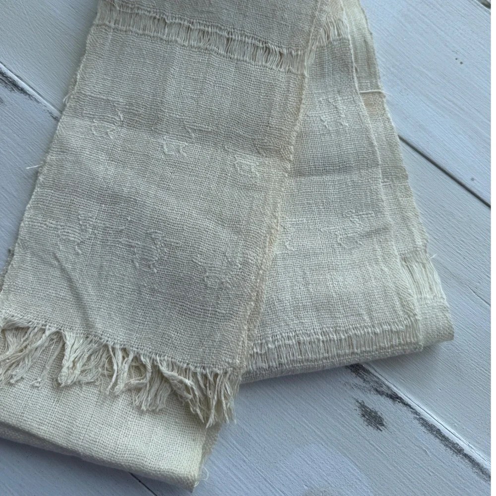 Vintage Handwoven Linen Textile Table Runner Cream White Fringe Frayed Edge 42in
